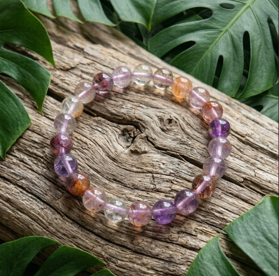 Un bracelet en perles de quartz translucides aux nuances violettes, dorées et ocres est posé sur une large branche de bois flotté texturée. L'ensemble est entouré et mis en valeur par de grandes feuilles vertes et graphiques de Monstera.