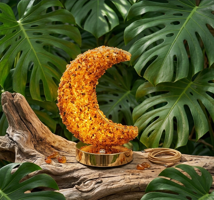 Une lampe ambre en forme de croissant de lune, faite de cristaux d'ambre et posée sur une base dorée, repose au centre de l'image sur un morceau de bois flotté texturé. À l'arrière-plan, un mur dense de grandes feuilles de Monstera vert foncé, avec leurs perforations distinctives, crée un cadre naturel luxuriant. Sur le bois flotté, à côté de la lampe, se trouvent quelques pierres d'ambre brutes et un câble de recharge USB, parfaitement coordonné.