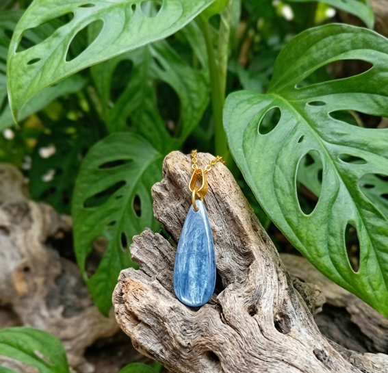 pendentif larme cyanite sur un morceau de bois flotté usé et texturé, un pendentif en pierre bleue allongée est posé. La pierre, de couleur bleu ciel mouchetée, est surmontée d'une attache dorée et d'une fine chaîne. De grandes feuilles vertes et découpées d'une plante Monstera, avec leurs trous caractéristiques, encadrent le bois et le bijou.