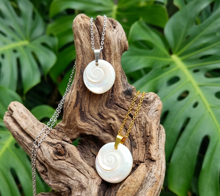 deux pendentifs spirales en nacre posés de façon élégante sur un morceau de bois flotté texturé. Le collier à chaîne argentée est suspendu sur la partie haute du bois, tandis que le collier à chaîne dorée repose joliment juste en dessous. L'ensemble se détache sur un arrière-plan flou de magnifiques feuilles de Monstera vert vif, apportant une ambiance naturelle et tropicale.