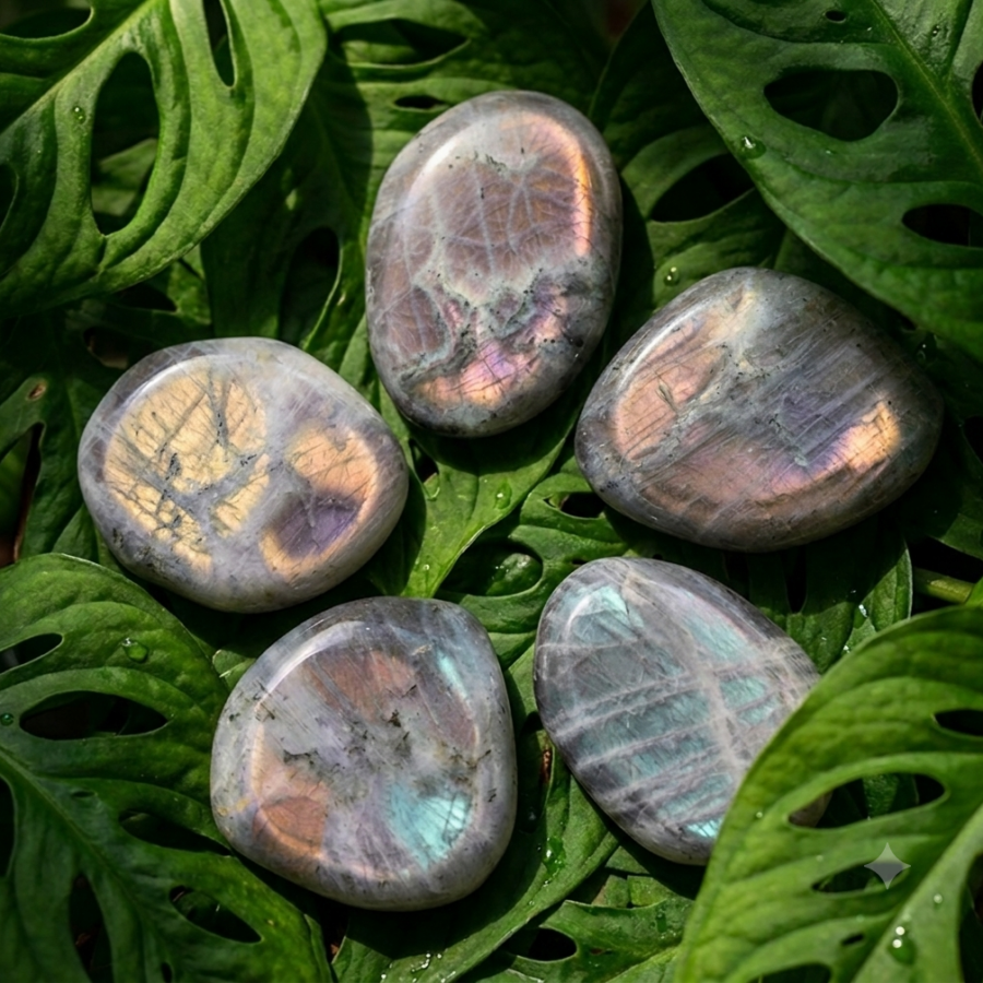 Cinq minéraux polis en forme de pierre plate en labradorite violette sont disposés au centre. Ces galets gris révèlent des reflets irisés naturels de couleur violette, orangée, dorée et bleutée. L'ensemble repose sur un fond végétal dense composé de grandes feuilles de Monstera vertes et perforées.