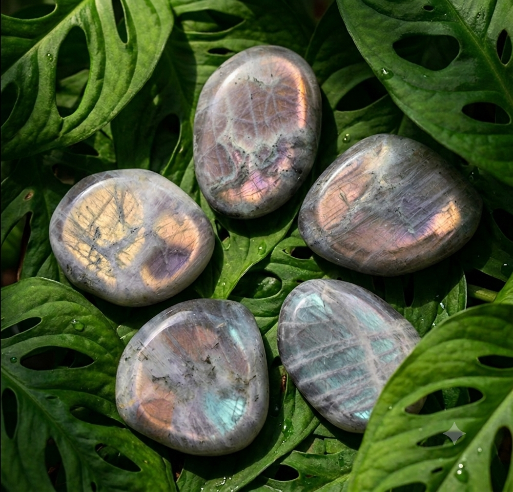 Cinq minéraux polis en forme de pierre plate en labradorite violette sont disposés au centre. Ces galets gris révèlent des reflets irisés naturels de couleur violette, orangée, dorée et bleutée. L'ensemble repose sur un fond végétal dense composé de grandes feuilles de Monstera vertes et perforées.