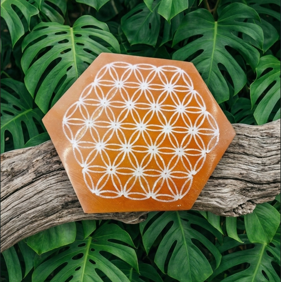 PLAQUE EN SÉLÉNITE ORANGE Ø10CM - FLEUR DE VIE