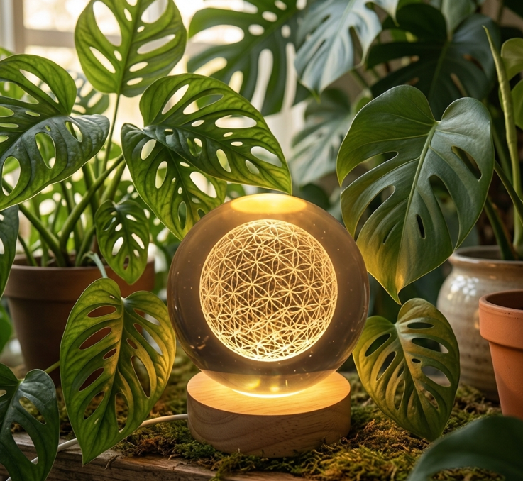Veilleuse Boule de Cristal Fleur de Vie 3D