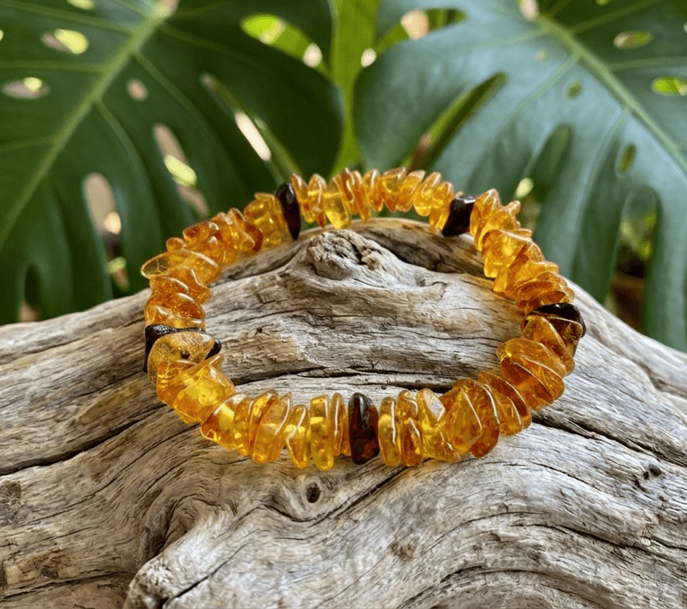 Un bracelet circulaire composé d'ambre brut, d'une couleur allant du jaune doré transparent à un orange ambré profond. Les perles sont des petits morceaux de formes et de tailles irrégulières, ce qui confère au bracelet un aspect naturel et organique. Elles sont enfilées sur un élastique transparent qui n'est pas visible. Support : Le bracelet est posé sur un morceau de bois flotté gris et patiné par le temps. Le bois présente une texture rugueuse et des veines naturelles bien visibles, avec des nœuds et des fissures qui ajoutent du caractère. Arrière-plan : Un fond végétal luxuriant composé de grandes feuilles vertes de Monstera deliciosa, avec leurs perforations et découpes caractéristiques, crée un décor naturel et apaisant. Les feuilles sont floues, ce qui permet de mettre en valeur le bracelet et le bois flotté. Composition : Le bracelet est positionné au centre de l'image, reposant sur le bois flotté. Les feuilles de Monstera remplissent l'arrière-plan, créant une ambiance tropicale et organique. Éclairage : L'éclairage est naturel et doux, ce qui permet d'apprécier les différentes teintes de l'ambre et la texture du bois.