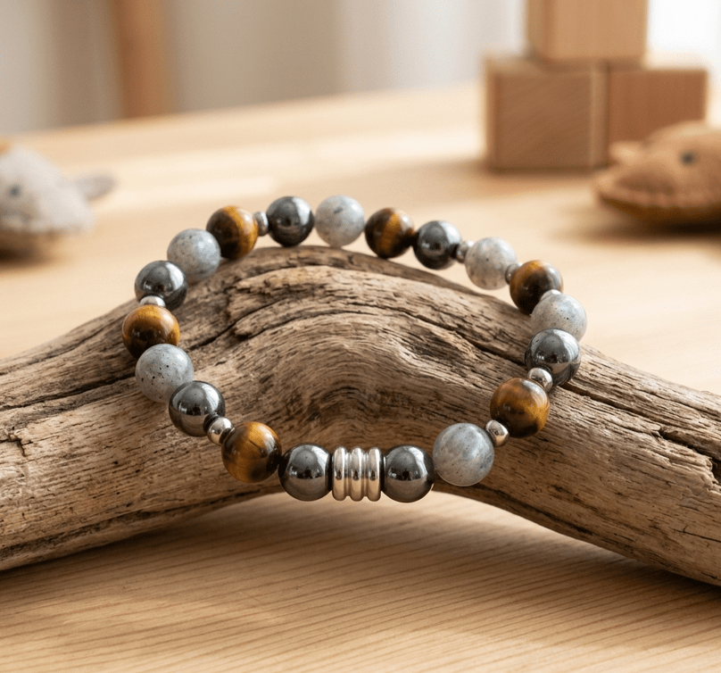 Un bracelet en perles rondes d'environ 8 mm, composé d'une alternance de trois types de pierres : de la labradorite gris moyen aux reflets discrets, de l’œil de tigre chatoyant aux tons marron et doré, et de l’hématite gris anthracite au fini métallique brillant. Les perles sont séparées par de petits intercalaires fins en métal argenté. Au centre du bracelet se trouve une perle centrale métallique argentée, plus large et striée de trois anneaux, qui attire le regard. Le bracelet repose à plat sur une branche de bois flotté au grain texturé, sur un fond doux de tons boisés clairs et naturels, baigné d'une lumière douce.