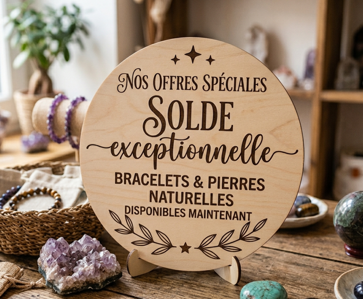 Une photo chaleureuse au format carré présentant une plaque circulaire en bois clair posée sur une table rustique. La plaque porte des inscriptions gravées en lettres élégantes : « Nos Offres Spéciales - Solde exceptionnelle - Bracelets & Pierres Naturelles - Disponibles maintenant », encadrées de petits motifs végétaux et d'étoiles. Autour de la plaque, dans un décor de boutique zen, se trouvent un amas d'améthyste violette brillante, quelques pierres roulées polies (turquoise, jaspe), des sachets en lin et des bracelets de perles exposés en arrière-plan.