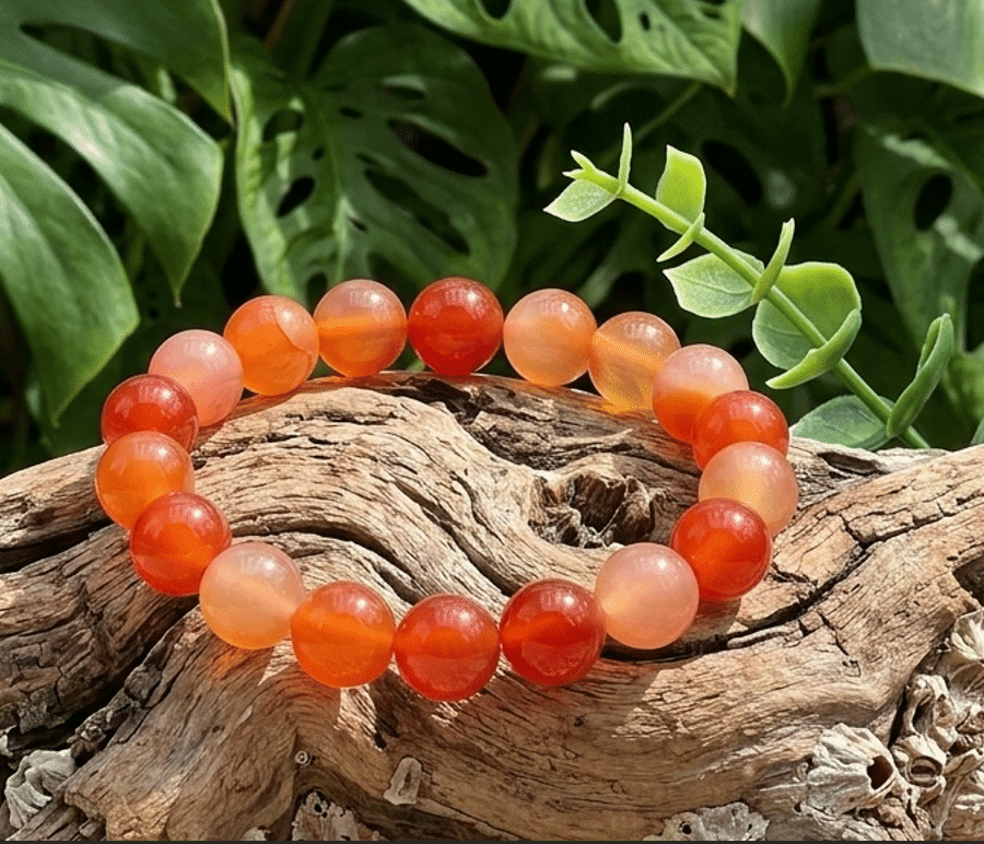 Une photographie en plan rapproché présente un bracelet de perles rondes en cornaline de 10 mm. Les perles, d'une couleur orange rouge chaud et translucide, sont enfilées sur un élastique invisible et forment un cercle complet. Le bracelet est posé sur un morceau de bois flotté texturé et patiné. Le bois repose lui-même sur un lit de petits graviers clairs. En arrière-plan, un mur végétal dense de feuilles de Monstera vert vif, avec leurs fenestrations naturelles, crée un fond naturel et luxuriant. Un petit brin de plante succulente artificielle verte est positionné derrière le bracelet, ajoutant une touche de contraste organique. La lumière naturelle éclaire la scène, faisant briller les perles de cornaline.