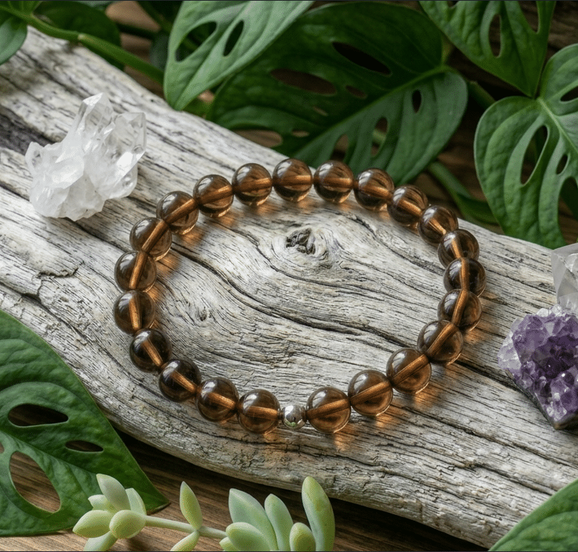 Un bracelet en cristal fumé de qualité AA, composé de petites perles rondes d'un gris-brun translucide et plus soutenu qu'une qualité classique, est posé à plat sur une pièce de bois flotté vieilli aux tons gris clair. Une petite bille métallique en argent s’insère discrètement entre deux perles au bas du bracelet. Le tout repose dans un décor naturel et végétal, encadré de feuillages de monstera aux vertus perforées et de petites plantes succulentes. L'ensemble est complété par des minéraux bruts un cristal de roche translucide et un géode d'améthyste violette posés de part et d'autre du bois. L'éclairage est doux et met en valeur la transparence chaleureuse des pierres.
