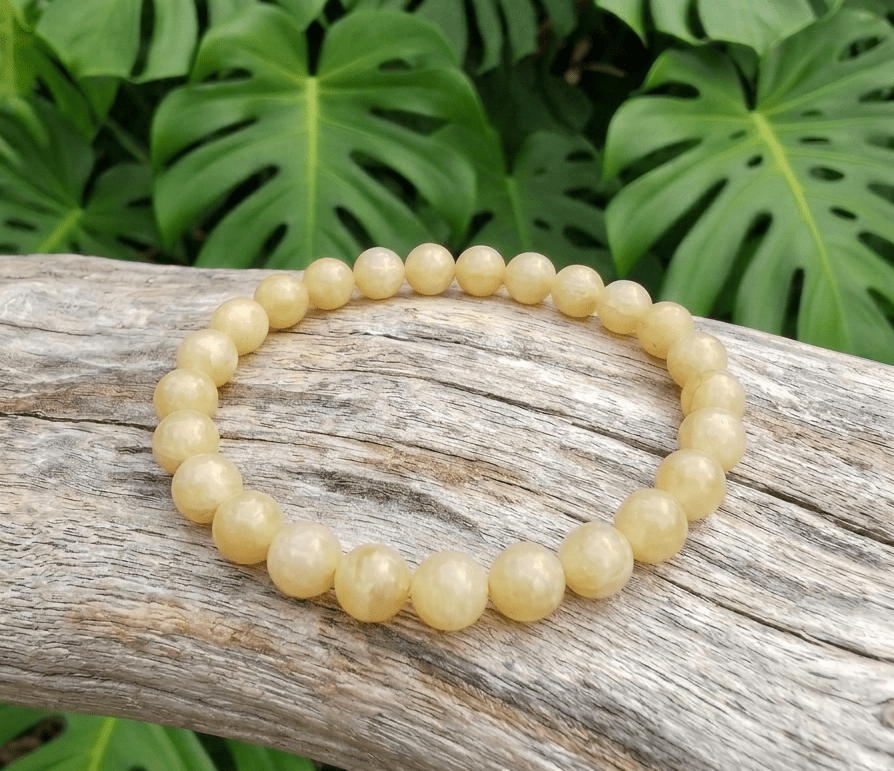 Un bracelet en perles rondes d'opale jaune translucide est posé en cercle sur un morceau de bois flotté gris et texturé. En arrière-plan, des feuilles vertes et découpées de Monstera (plante tropicale) sont légèrement floues, créant une ambiance naturelle.