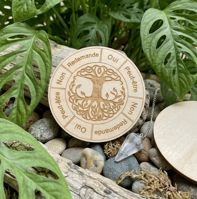 Une plaque de radiesthésie circulaire en bois de 100 mm est posée au centre de l'image sur un lit de galets gris. Elle est gravée d'un motif arbre de vie central et de quatre segments de réponse : 'Oui', 'Non', 'Peut-être' et 'Redemande. À droite, un pendule en quartz transparent avec une chaîne argentée est posé. Le fond est rempli de grandes feuilles de Monstera vertes perforées, avec de la mousse et un morceau de bois flotté au premier plan.