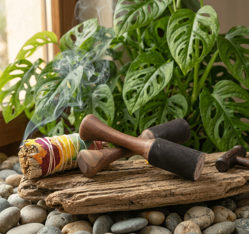 Deux maillets en bois pour bol chantant sont croisés au centre sur une branche de bois flotté striée. Le manche de chaque maillet est en bois lisse de teinte brune, et leur extrémité la plus large est recouverte d'un cuir noir mat. Le bois flotté repose sur des galets de rivière gris. En arrière-plan, de grandes feuilles vertes de Monstera adansonii apportent une touche naturelle sous une lumière douce.