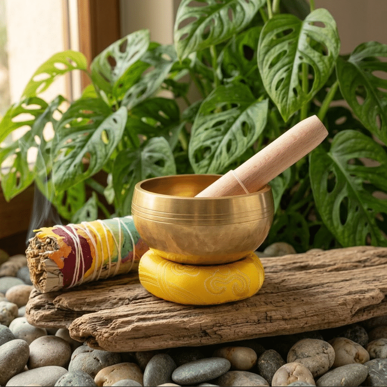 Un bol tibétain doré est posé sur son coussin jaune au premier plan, installé sur un morceau de bois flotté et entouré de galets de rivière. Une baguette en bois est placée dans le bol et un bâton de sauge coloré repose à sa gauche. Des volutes de fumée légères s'en échappent. En arrière-plan, de grandes feuilles vertes de Monstera apportent une touche végétale. L'ensemble est baigné par la lumière naturelle venant d'une fenêtre à proximité.