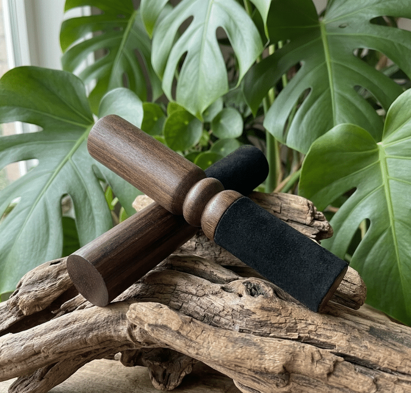 maillet cylindrique en bois tourné réservés aux bols chantants, posés sur un morceau de bois flotté texturé. Les bâtons comportent un manche en bois brun chaleureux et une extrémité recouverte d'un suède noir mat (feutrine/suédine). En arrière-plan, de grandes feuilles vertes de Monstera apportent un cadre naturel et zen sous une lumière douce.