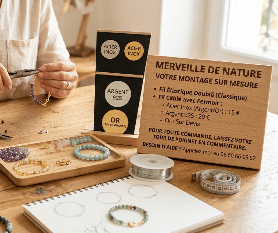 Un artisan crée un bracelet en pierres naturelles sur une table en bois. Le texte sur le panneau indique qu'il s'agit d'un « montage sur mesure » de « Merveille de Nature ». Différentes options et prix pour le montage y sont également détaillés.