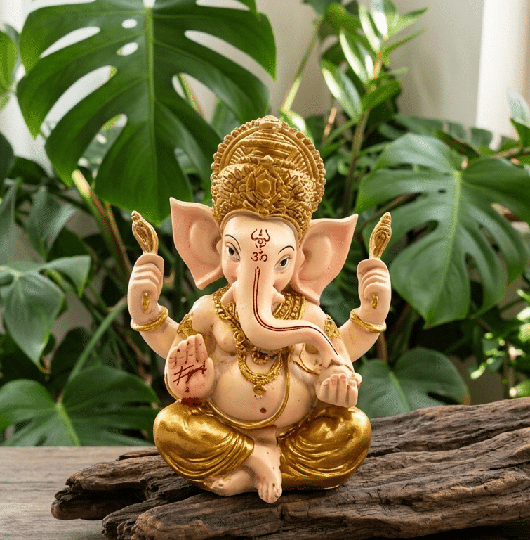 Une photo carrée présente une statuette de 14 cm du dieu Ganesh assis en posture du lotus. Le corps présente une teinte beige rosée douce, tandis que la coiffe sculptée, les bijoux, les attributs sacrés et le dhotî (vêtement traditionnel) sont peints d'un doré brillant et chaleureux. Des symboles sacrés rouges ornent son front et sa paume droite levée en signe de bénédiction. La divinité repose sur une pièce de bois flotté texturée, avec un arrière-plan flou de grandes feuilles de Monstera apportant une ambiance apaisante et naturelle.