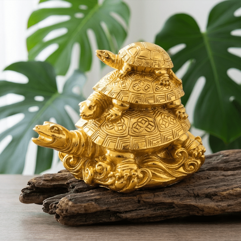 Une photo carrée présente une statuette en résine dorée de 8 cm composée de trois tortues empilées les unes sur les autres, sculptées avec des motifs traditionnels sur leur carapace. La statuette brille d'une teinte dorée éclatante et repose sur un morceau de bois flotté texturé. En arrière-plan, de grandes feuilles de Monstera apportent une touche végétale apaisante sous un éclairage doux et naturel.